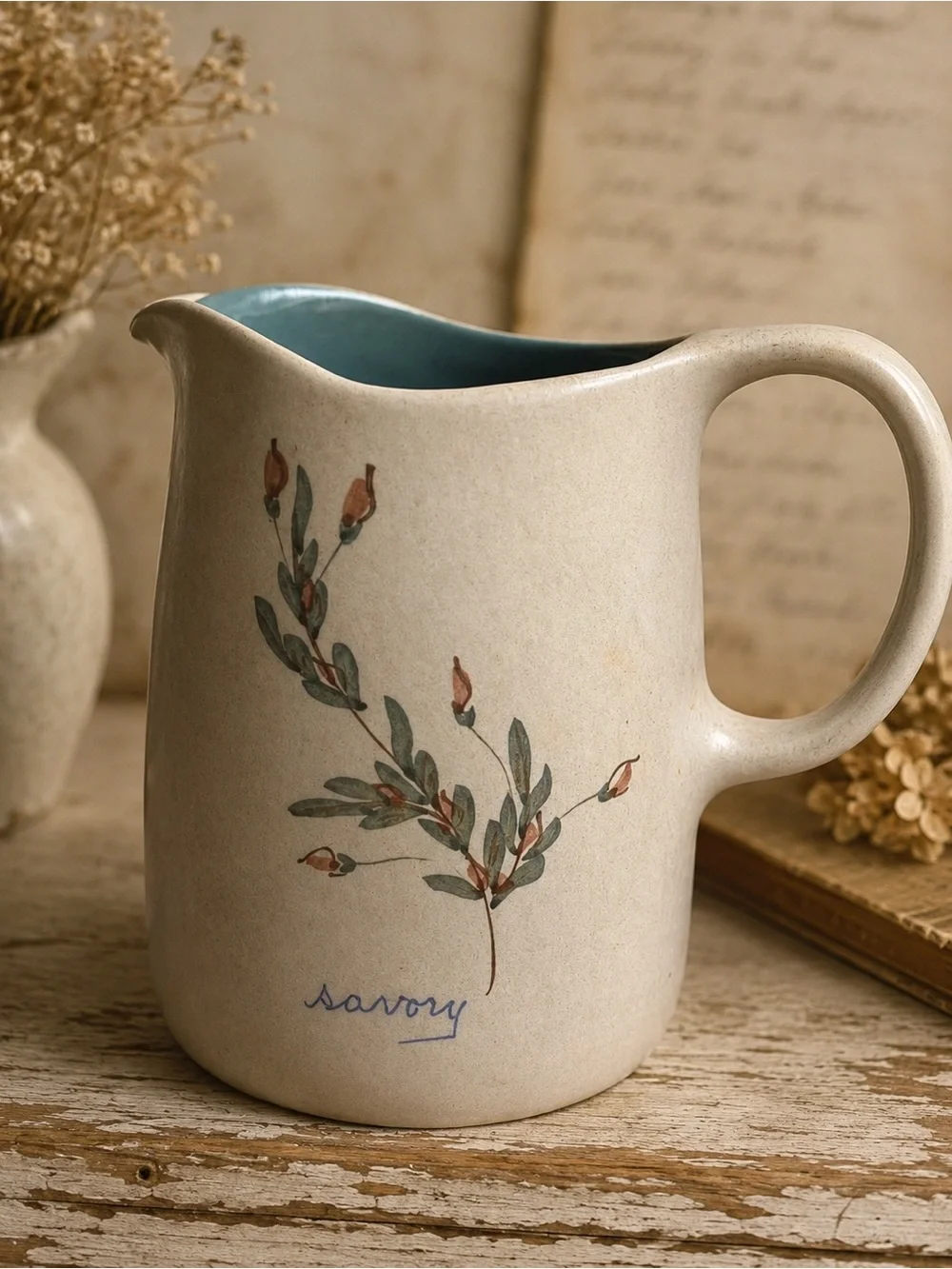 Chatham Stoneware Pitcher 7.5” Turquoise Interior Savory Herb Flower Vase